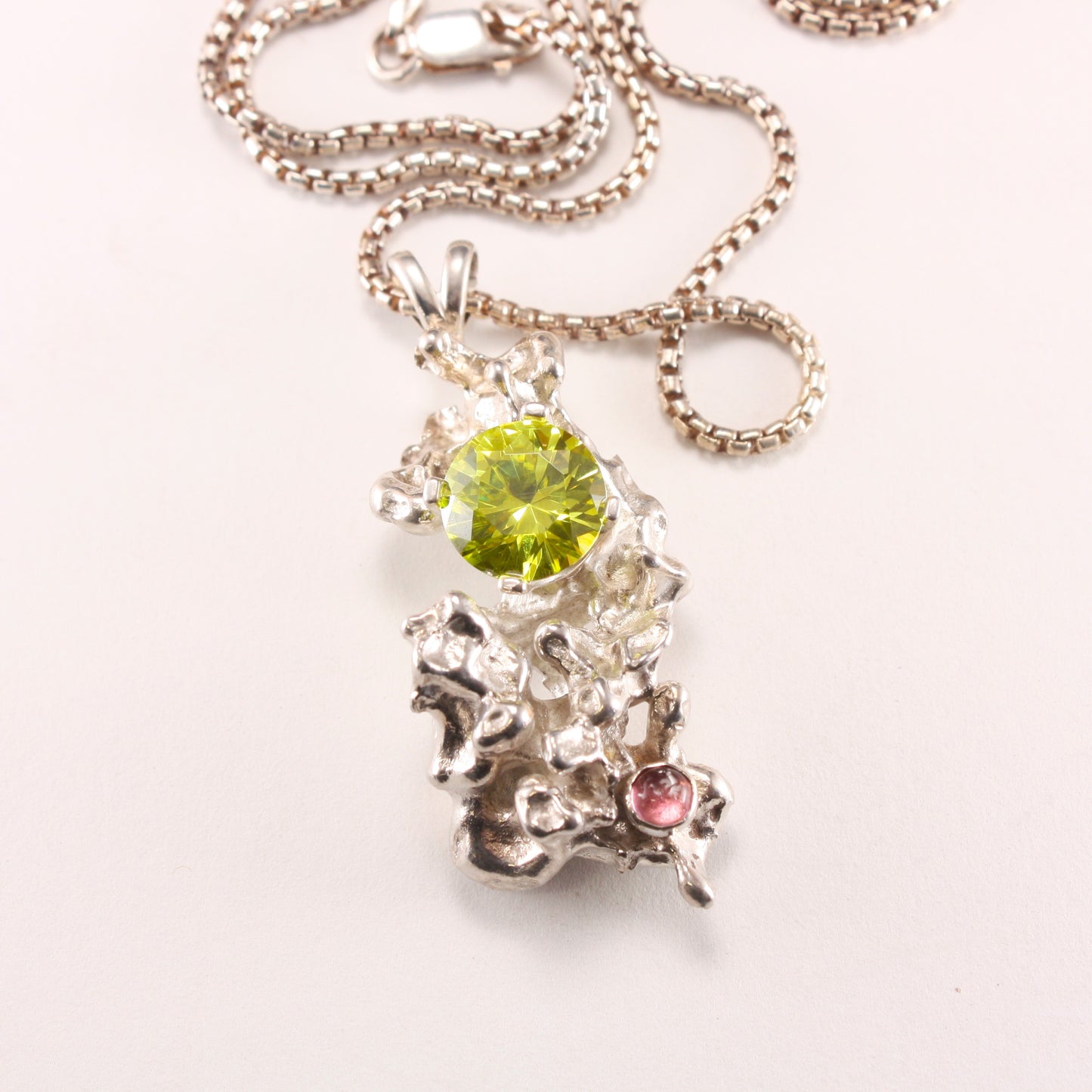 Salt Cast Silver Pendant with Peridot and Pink Tourmaline