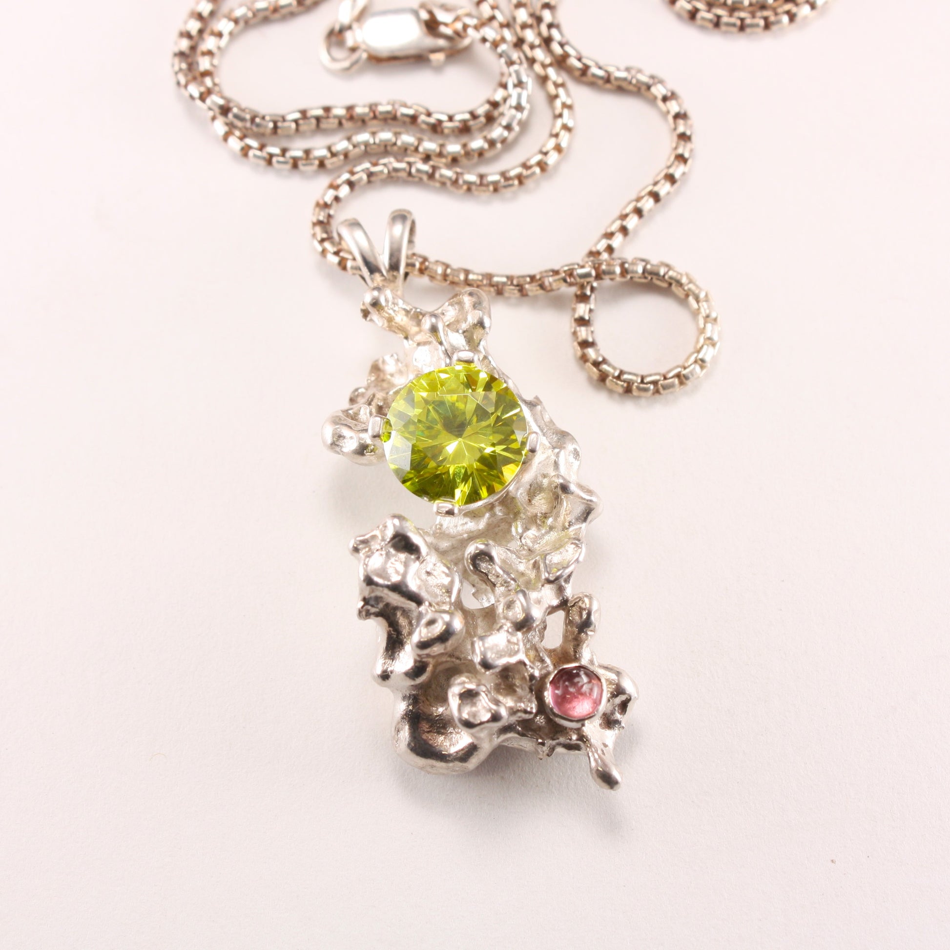 Salt Cast Silver Pendant with Peridot and Pink Tourmaline