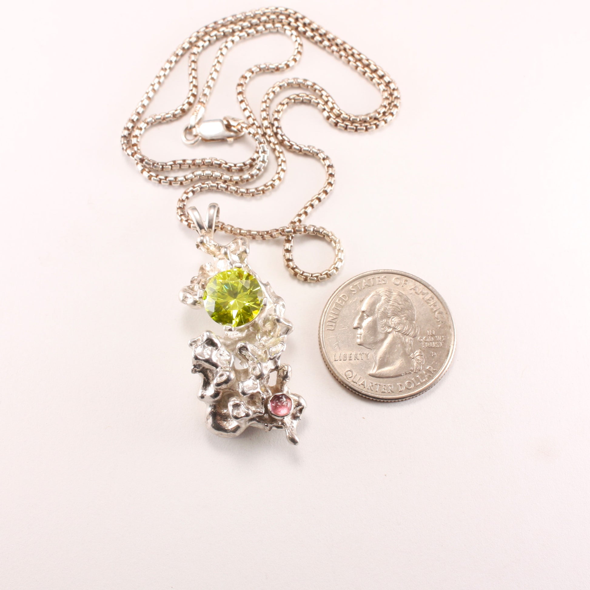 Salt Cast Silver Pendant with Peridot and Pink Tourmaline