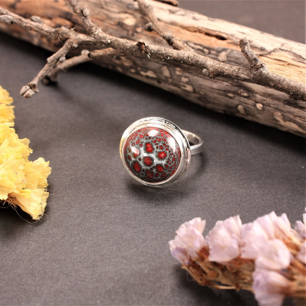 Red and Gray Round Enamel Ring