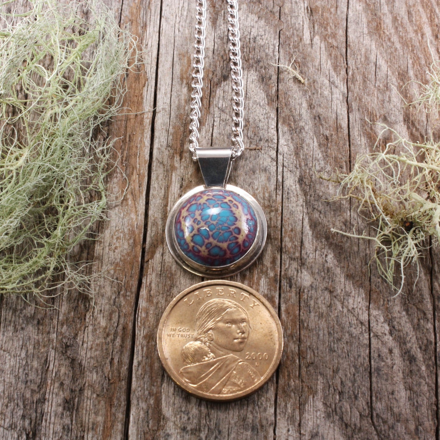 blue / raspberry enamel pendant.