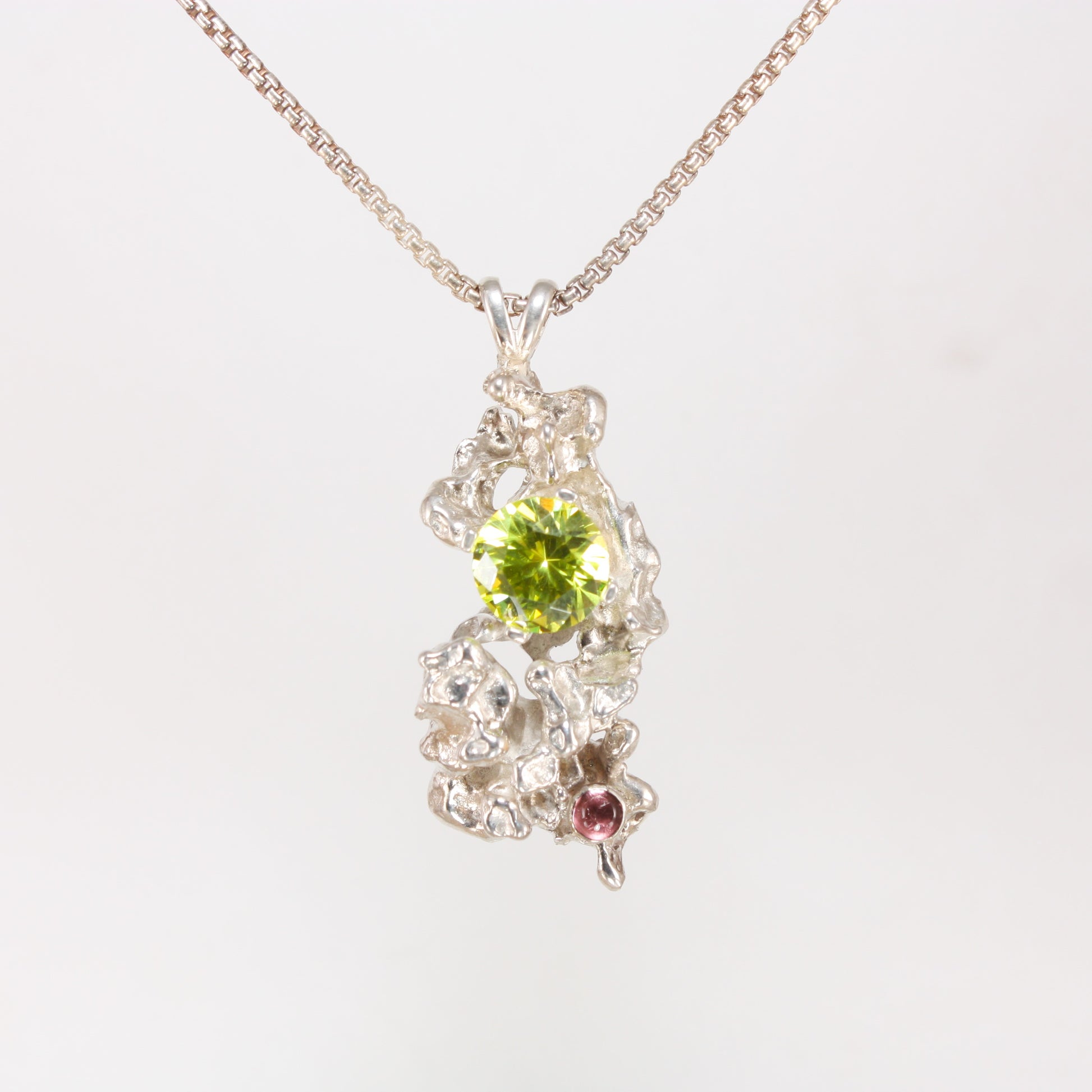 Salt Cast Silver Pendant with Peridot and Pink Tourmaline