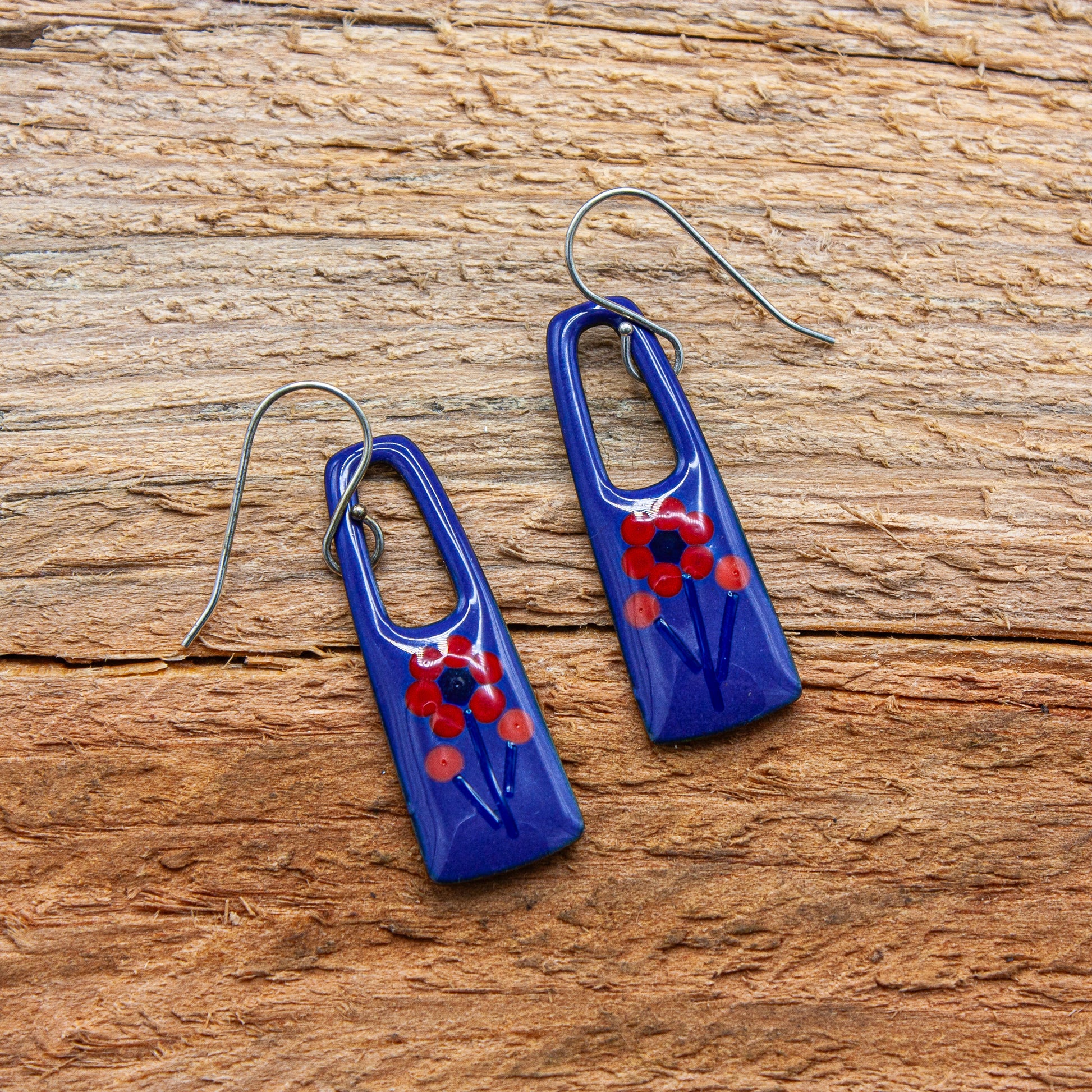 purple floral drop earrings.