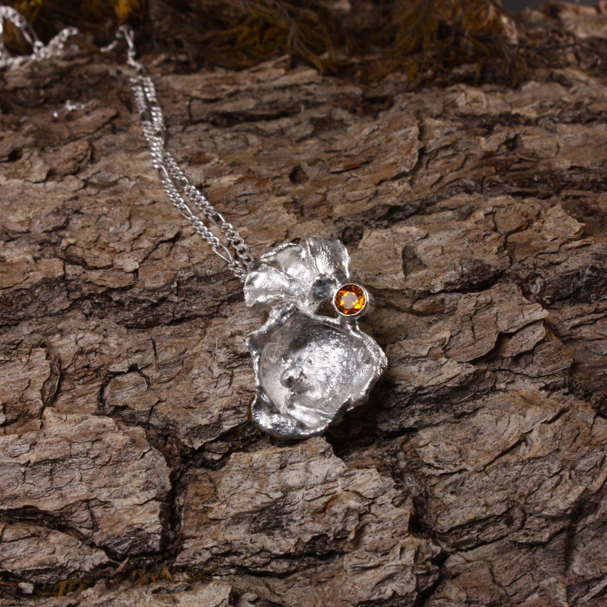 water cast silver necklace with citrine